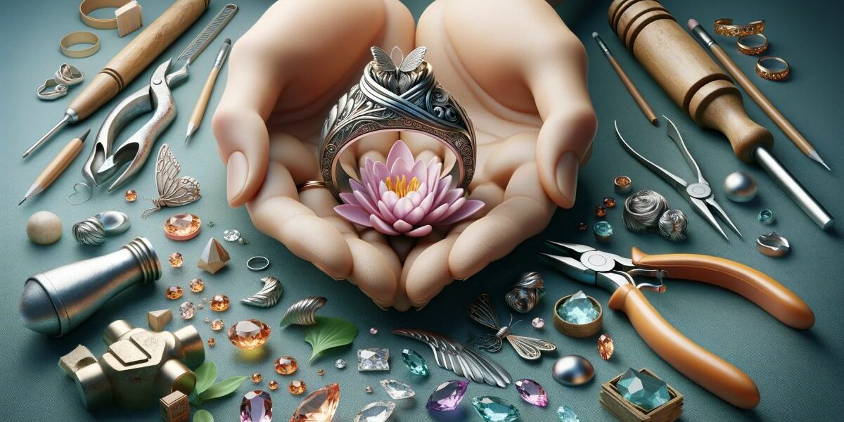 Showcasing A Pair Of Hands Holding A Transformed Wedding Ring With Intricate Designs. The Scene Includes Miniature Jewelry-Making Tools, Various Gemstones, And A Blooming Lotus, Symbolizing Transformation And Renewal.