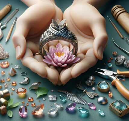 Showcasing A Pair Of Hands Holding A Transformed Wedding Ring With Intricate Designs. The Scene Includes Miniature Jewelry-Making Tools, Various Gemstones, And A Blooming Lotus, Symbolizing Transformation And Renewal.