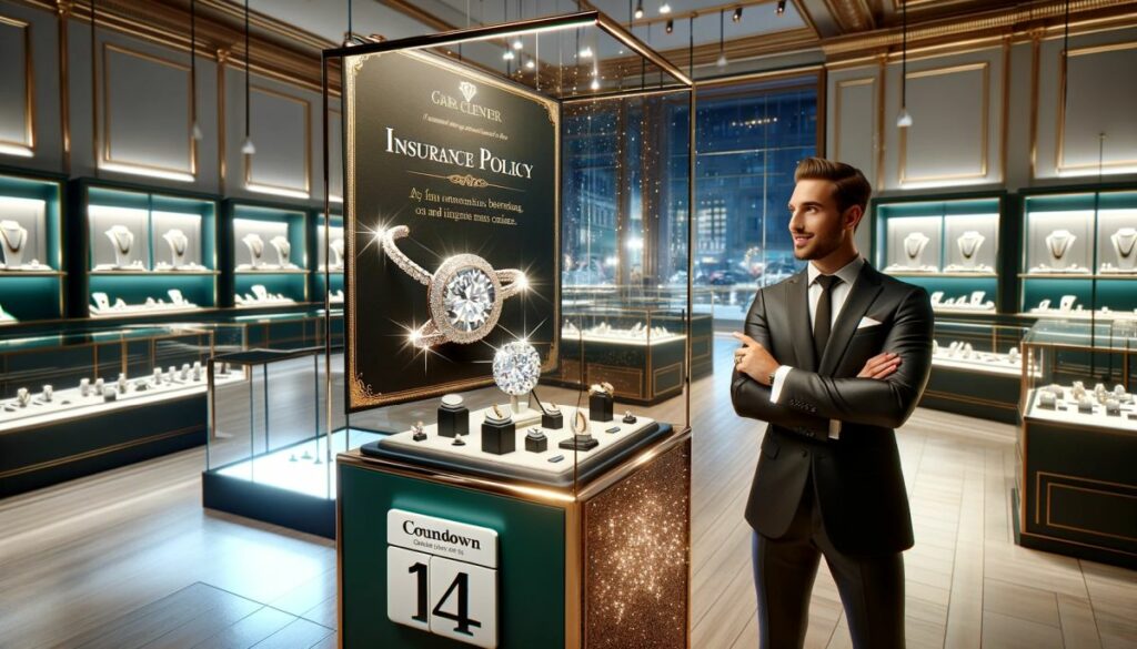  A Gleaming Jewelry Store With A Radiant Insurance Policy Certificate And A Jeweler Admiring A Sparkling 14-Day Countdown Calendar.