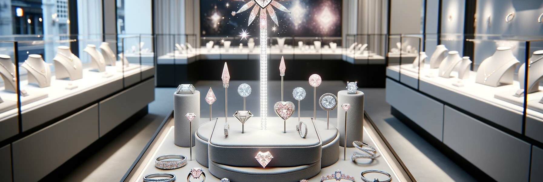 Luxurious, Text-Free Jewelry Display In A 16:9 Aspect Ratio Featuring The Lightbox X Roseate Light Wand Pendant With Lab-Grown Diamonds, Surrounded By The Joy Collection In A Modern Store Environment.