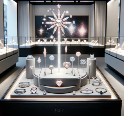 Luxurious, Text-Free Jewelry Display In A 16:9 Aspect Ratio Featuring The Lightbox X Roseate Light Wand Pendant With Lab-Grown Diamonds, Surrounded By The Joy Collection In A Modern Store Environment.