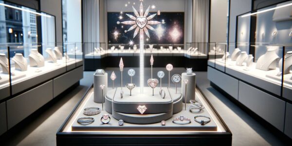 Luxurious, Text-Free Jewelry Display In A 16:9 Aspect Ratio Featuring The Lightbox X Roseate Light Wand Pendant With Lab-Grown Diamonds, Surrounded By The Joy Collection In A Modern Store Environment.