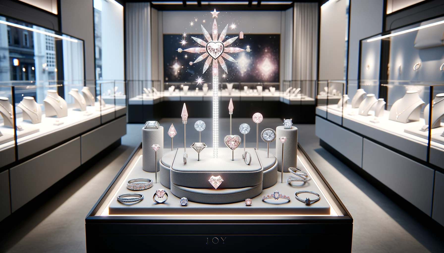 Luxurious, text-free jewelry display in a 16:9 aspect ratio featuring the Lightbox x Roseate Light Wand pendant with lab-grown diamonds, surrounded by the Joy Collection in a modern store environment.