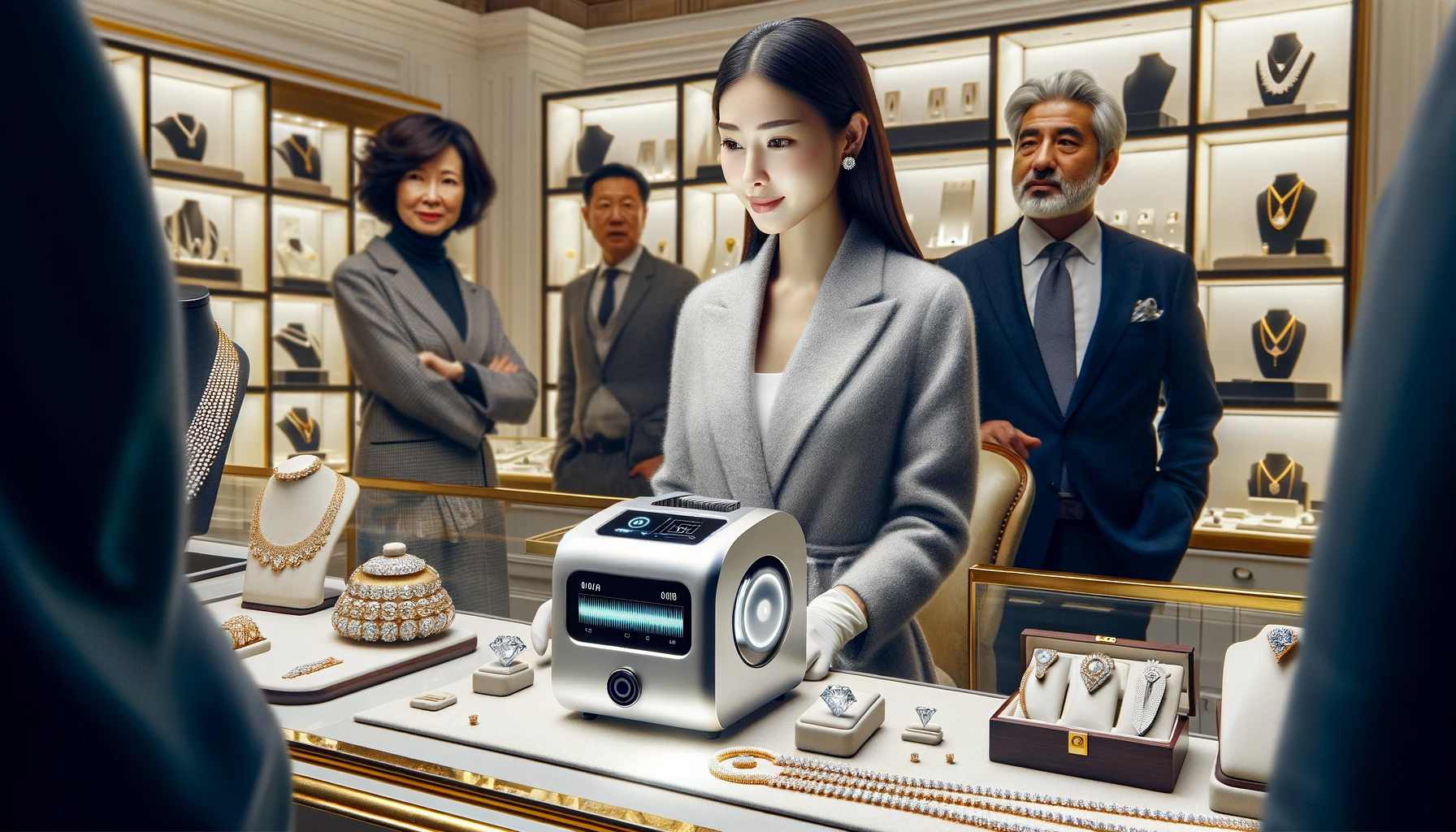 A modern jewelry store with customers observing a jeweler using the AMS Micro device for lab-grown detectors on a diamond necklace.