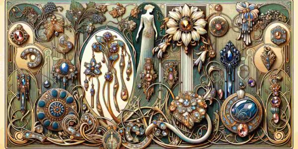 Art Nouveau Postcard Featuring René Lalique'S Jewelry Designs, With Intricate, Ornamental Details And Natural Motifs.