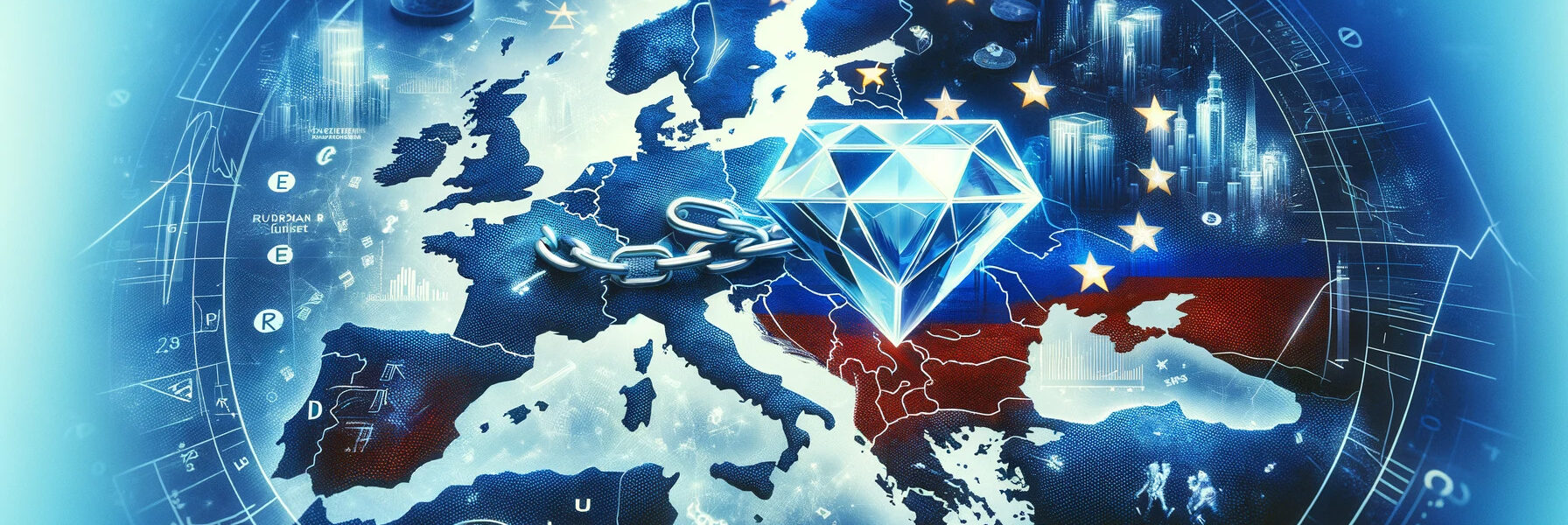 A Wide Image Illustrating The Eu'S Sanctions On Russian Diamonds With A Map Of Europe Overlaid By A Ghosted Diamond Image, Symbolic Elements Of Sanctions, And A Background Of Finance And Trade Symbols.