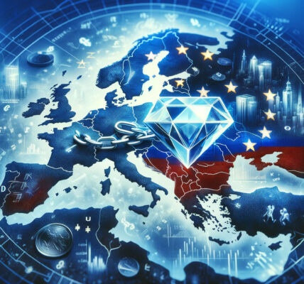 A Wide Image Illustrating The Eu'S Sanctions On Russian Diamonds With A Map Of Europe Overlaid By A Ghosted Diamond Image, Symbolic Elements Of Sanctions, And A Background Of Finance And Trade Symbols.