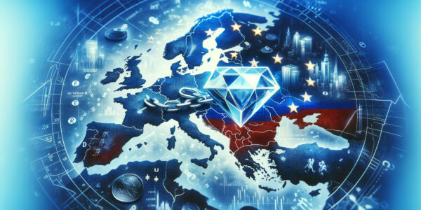 A Wide Image Illustrating The Eu'S Sanctions On Russian Diamonds With A Map Of Europe Overlaid By A Ghosted Diamond Image, Symbolic Elements Of Sanctions, And A Background Of Finance And Trade Symbols.