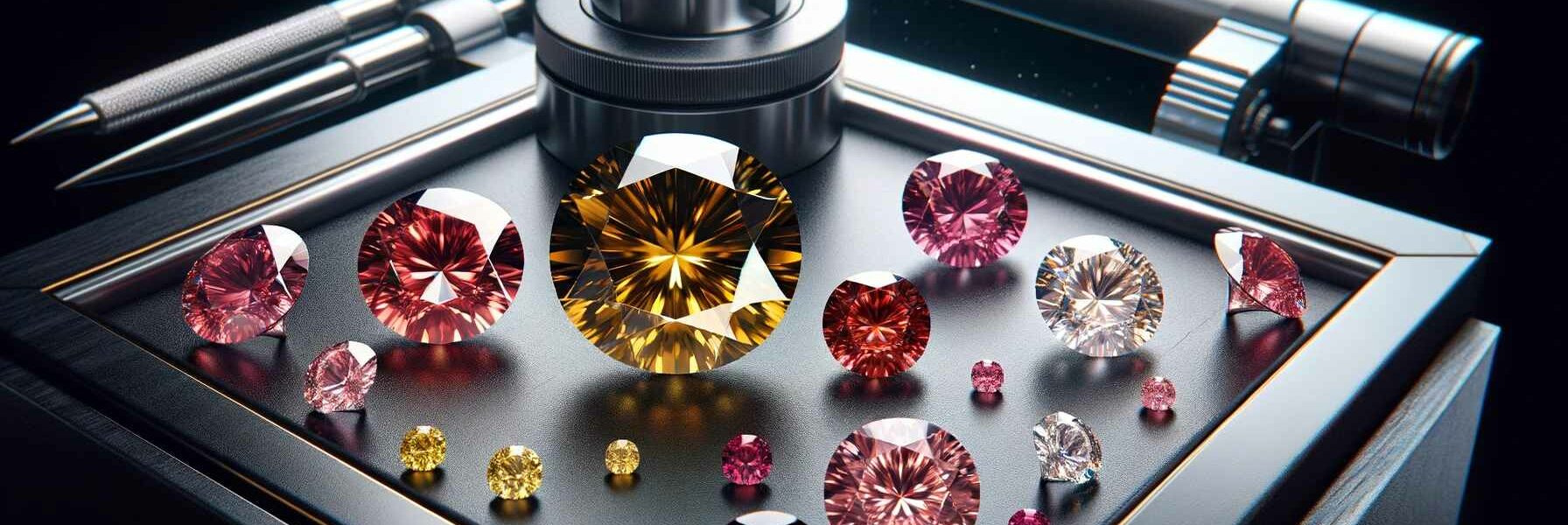 A Photograph Of Pink, Yellow, And Red Diamonds On A Modern Jeweler'S Workbench, Set Against A Black Background.