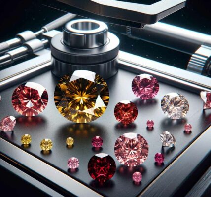 A photograph of pink, yellow, and red diamonds on a modern jeweler's workbench, set against a black background.