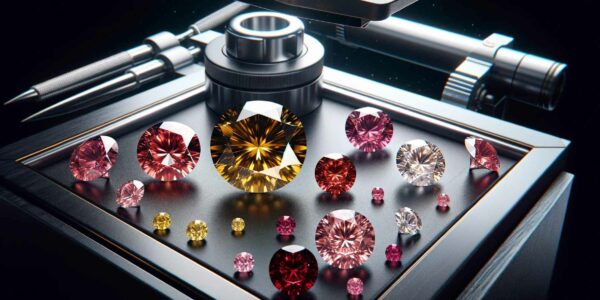 A photograph of pink, yellow, and red diamonds on a modern jeweler's workbench, set against a black background.