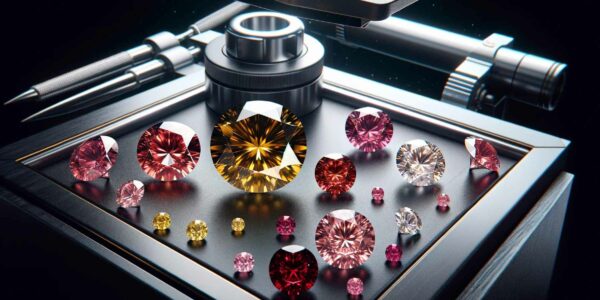 A Photograph Of Pink, Yellow, And Red Diamonds On A Modern Jeweler'S Workbench, Set Against A Black Background.