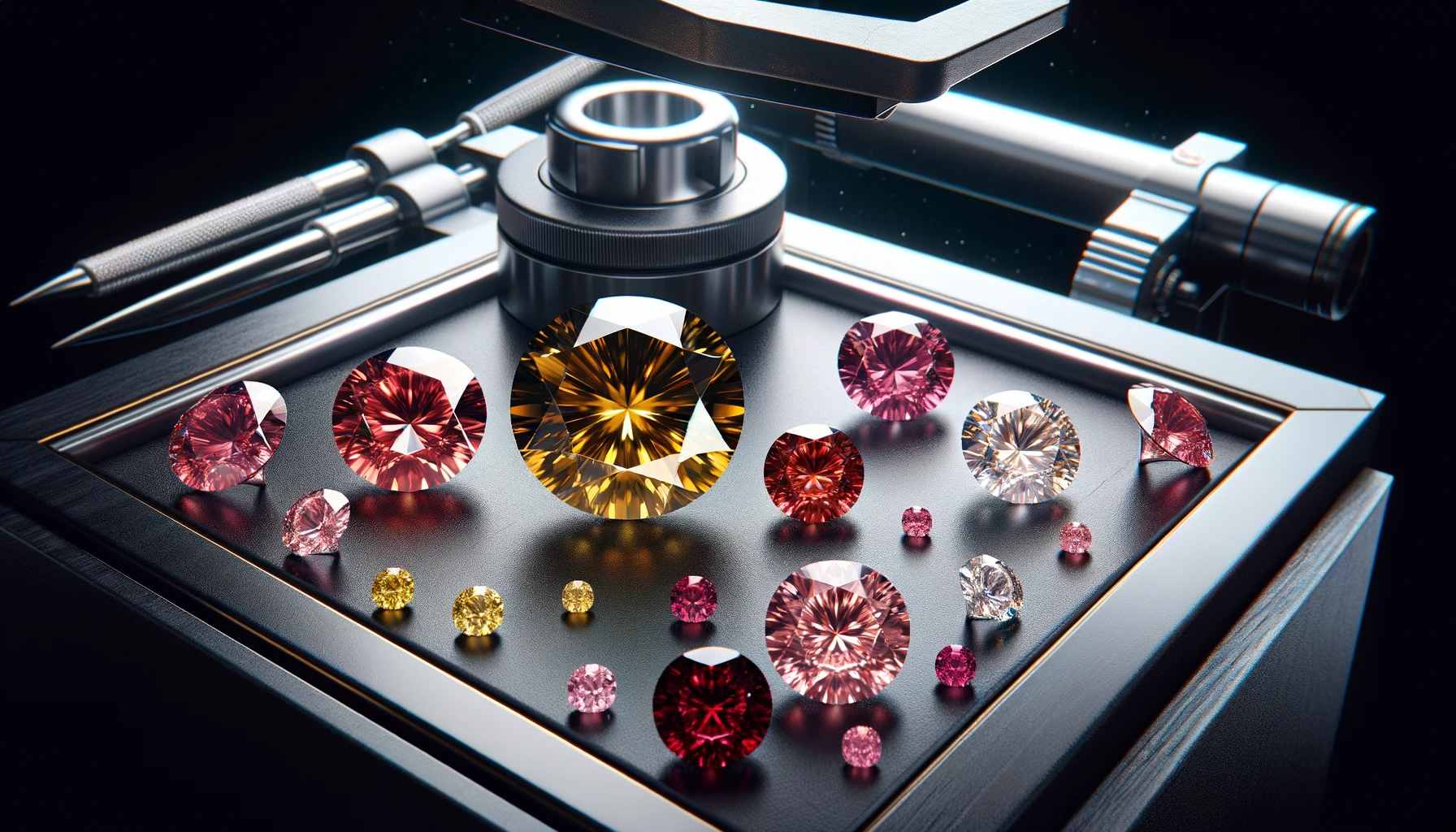 A photograph of pink, yellow, and red diamonds on a modern jeweler's workbench, set against a black background.