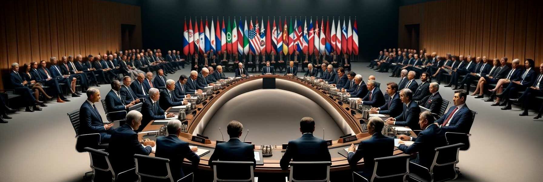 Group Of World Leaders Discussing Russian Diamond Sanctions At A Summit, Focusing On Their Expressions And Body Language In A Formal, Flag-Adorned Conference Room.