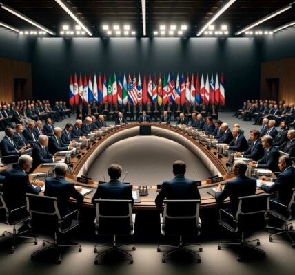 Group Of World Leaders Discussing Russian Diamond Sanctions At A Summit, Focusing On Their Expressions And Body Language In A Formal, Flag-Adorned Conference Room.