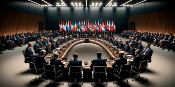 Group Of World Leaders Discussing Russian Diamond Sanctions At A Summit, Focusing On Their Expressions And Body Language In A Formal, Flag-Adorned Conference Room.