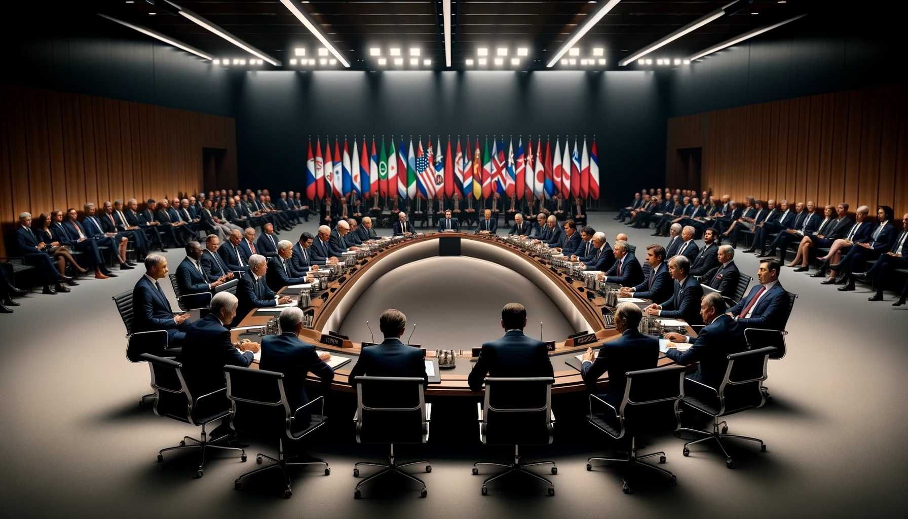 Group of world leaders discussing Russian diamond sanctions at a summit, focusing on their expressions and body language in a formal, flag-adorned conference room.