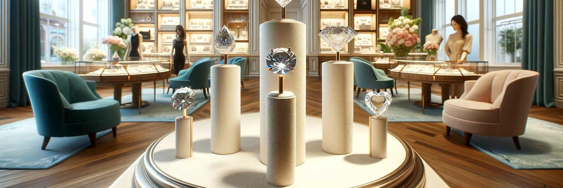 An Array Of Perfect Diamond Shapes Including Round, Princess, Emerald, And Heart, Displayed On Elegant Pedestals In A Luxury Jewelry Store, Symbolizing Perfect Diamond Shape.