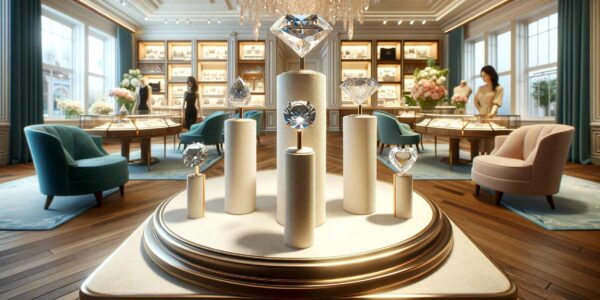 An array of Perfect Diamond Shapes including round, princess, emerald, and heart, displayed on elegant pedestals in a luxury jewelry store, symbolizing perfect diamond shape.