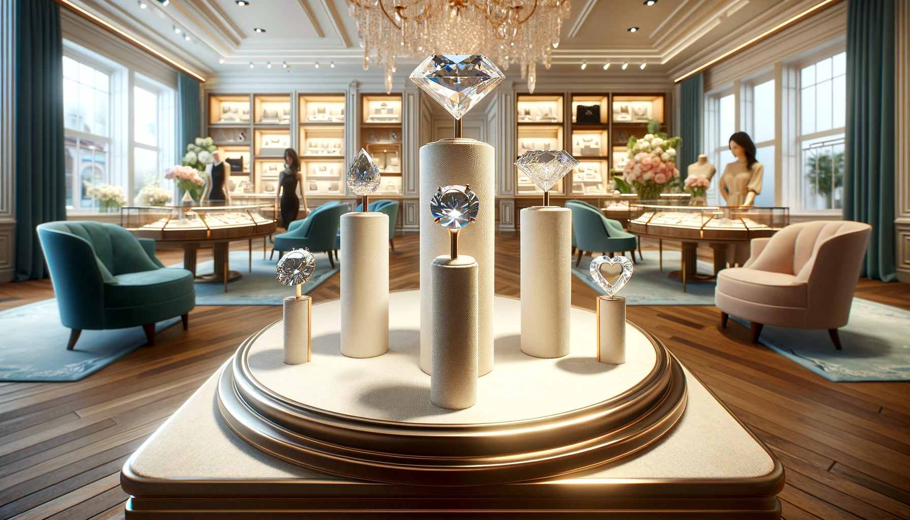 An array of Perfect Diamond Shapes including round, princess, emerald, and heart, displayed on elegant pedestals in a luxury jewelry store, symbolizing perfect diamond shape.