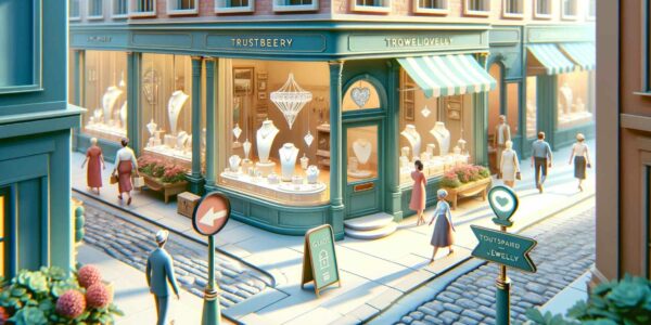 A bustling street scene depicting the journey of finding reputable jewelers, with diverse shoppers looking at jewelry shop displays that showcase sparkling jewels in clear, inviting windows.