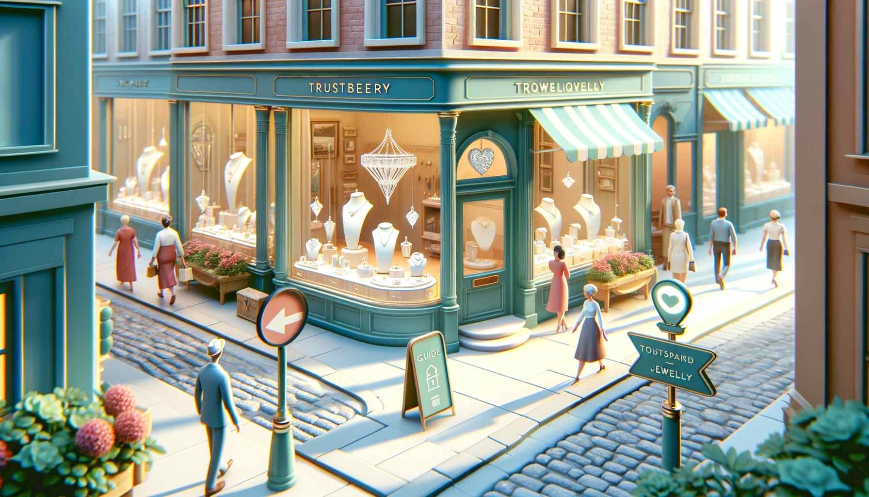 A bustling street scene depicting the journey of finding reputable jewelers, with diverse shoppers looking at jewelry shop displays that showcase sparkling jewels in clear, inviting windows.