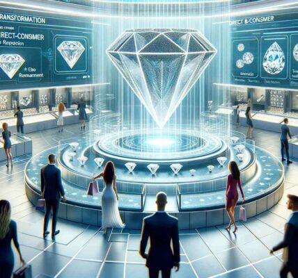 A Futuristic And Transparent Marketplace For Lab-Grown Diamonds, Featuring Diverse Customers Interacting With Digital Interfaces And Experts In A Sleek, Modern Environment, Highlighting Sustainable And Ethical Luxury.