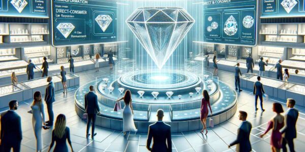 A Futuristic And Transparent Marketplace For Lab-Grown Diamonds, Featuring Diverse Customers Interacting With Digital Interfaces And Experts In A Sleek, Modern Environment, Highlighting Sustainable And Ethical Luxury.