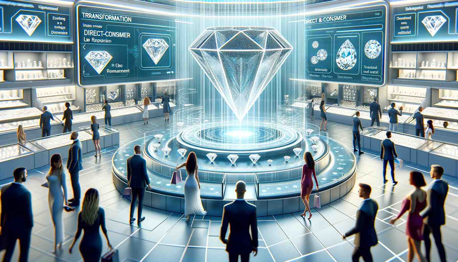 A futuristic and transparent marketplace for lab-grown diamonds, featuring diverse customers interacting with digital interfaces and experts in a sleek, modern environment, highlighting sustainable and ethical luxury.