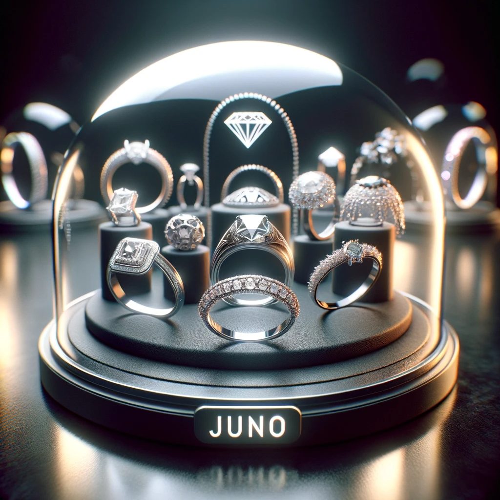 an image showcasing JUNO's insurance and the security it provides. The jewelry is displayed under a clear protective glass dome to symbolise the protection of an insurance policy.