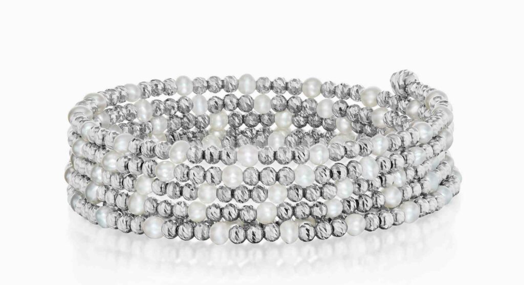 Platinum Born Launch in the UK, features this loop bracelet of faceted platinum beads. 