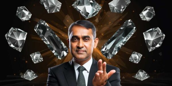 Imiage Illustrating Indian Rough Diamond Imports To Resume. Showing A Man Against A Backdrop Of Diamonds.