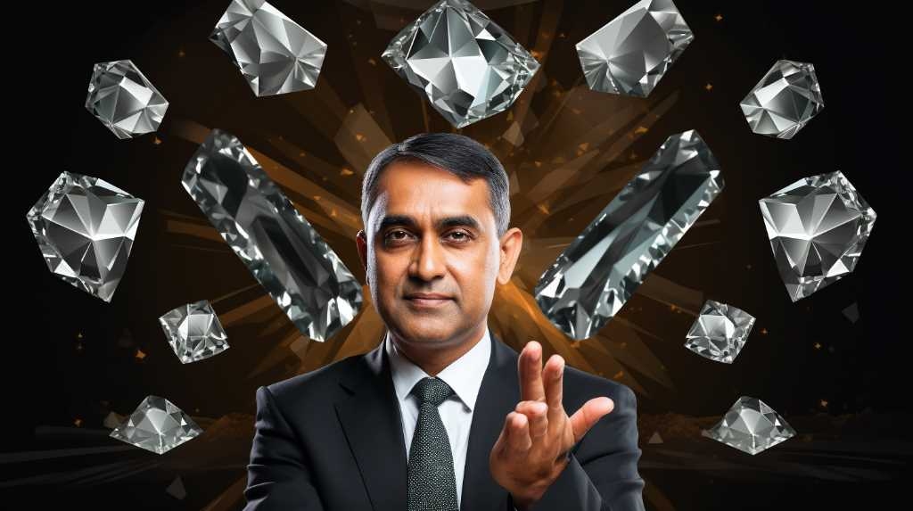 Imiage Illustrating Indian Rough Diamond Imports To Resume. Showing A Man Against A Backdrop Of Diamonds.