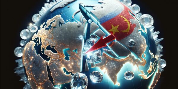 Russian Diamond Trade Impacted, Sanctions On Russian Diamonds By G7 And Eu. Concept Image Showing A Stylised Globe With Russian Colours And Flag.