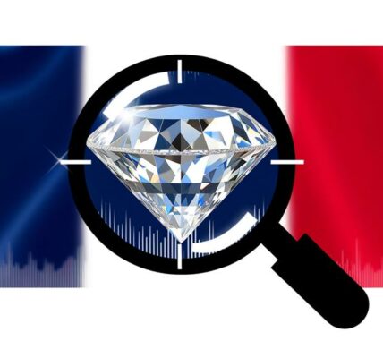 French Flag Overlaid With A Diamond And Magnifying Glass. Illustrates The France Says Lab-Grown Diamonds Are Synthetic Diamonds.