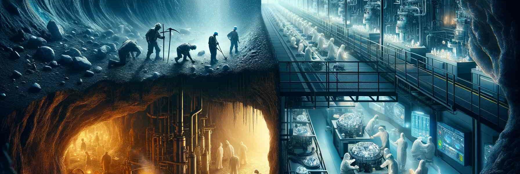 A Split Scene Showing A Dark Underground Mine With Miners Extracting Natural Diamonds On The Left, And A Bright, Modern Laboratory Crafting Lab-Grown Diamonds On The Right, Emphasizing The Theme Of 'Natural Gems Under Pressure' From Both Technological Innovation And Market Dynamics.