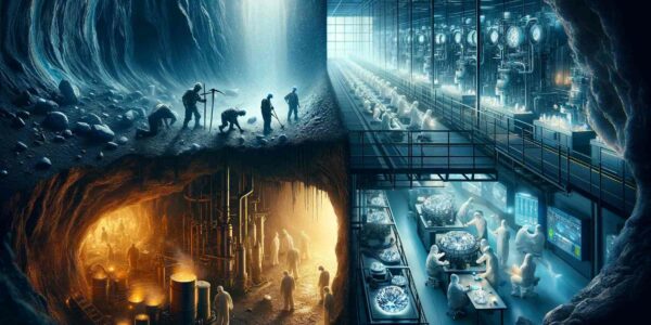 A Split Scene Showing A Dark Underground Mine With Miners Extracting Natural Diamonds On The Left, And A Bright, Modern Laboratory Crafting Lab-Grown Diamonds On The Right, Emphasizing The Theme Of 'Natural Gems Under Pressure' From Both Technological Innovation And Market Dynamics.