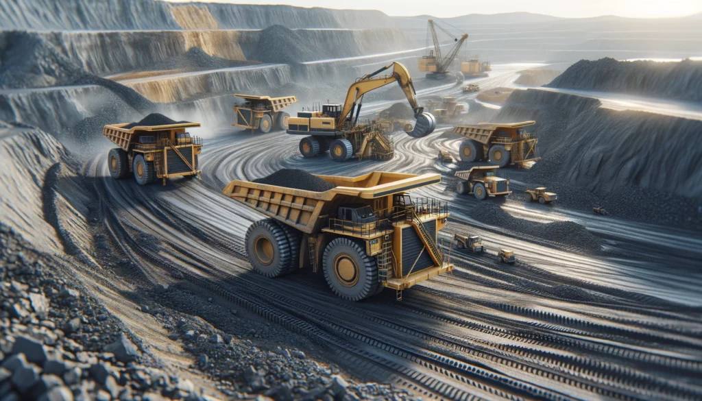 A Large Yellow Excavator And Several Dump Trucks Engaged In Mining Operations At The Orapa Diamond Mine, Reflecting The Scale And Industry That Contribute To Botswana Diamonds.