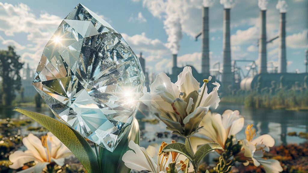 A Cracked Synthetic Diamond, With A Wilted Flower Emerging From The Center, Set Against A Backdrop Of Industrial Smokestacks On One Side And A Thriving Forest On The Other. The Image Depicts The Synthetic Diamond Dilemma Faced By The Diamond Industry.