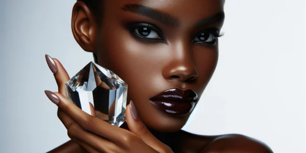 A Woman With Deep Skin Tone Elegantly Holds A Botswana Diamond Between Her Fingers, Showcasing Its Intricate Cut Against A Stark White Background, Complementing Her Glossy Dark Lipstick And Polished Nails.