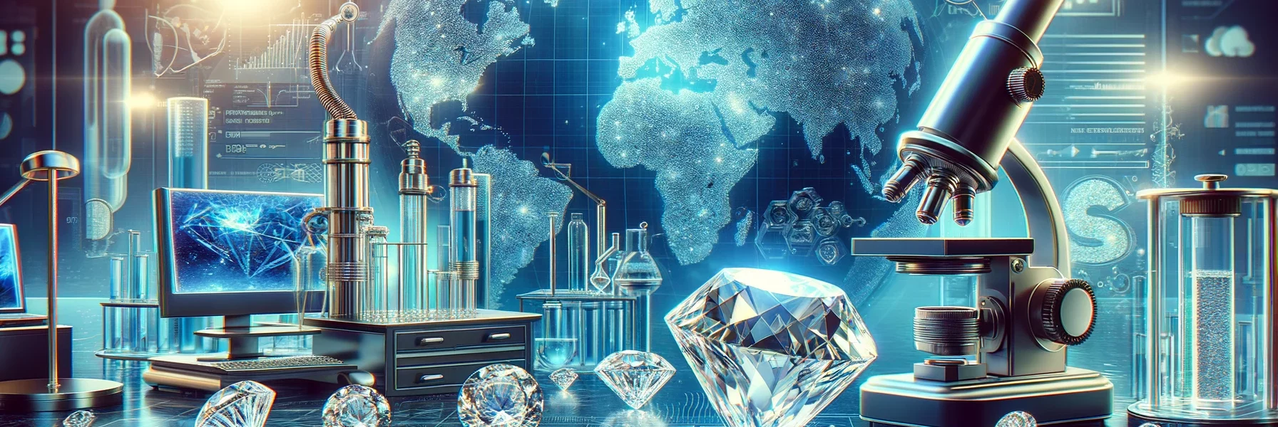 Rise Of Lab-Grown Diamonds In India: A Sleek, High-Tech Laboratory Scene Showcasing Clear, Glowing Lab-Grown Diamonds With Advanced Scientific Equipment And A Subtle Global Map In The Background.