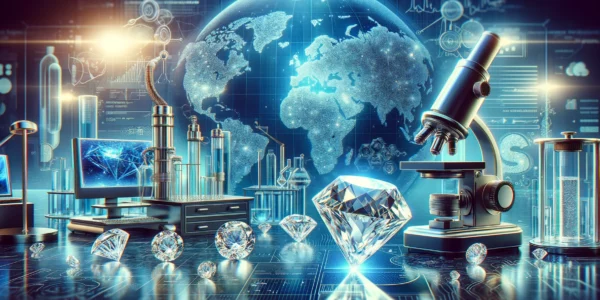 Rise Of Lab-Grown Diamonds In India: A Sleek, High-Tech Laboratory Scene Showcasing Clear, Glowing Lab-Grown Diamonds With Advanced Scientific Equipment And A Subtle Global Map In The Background.