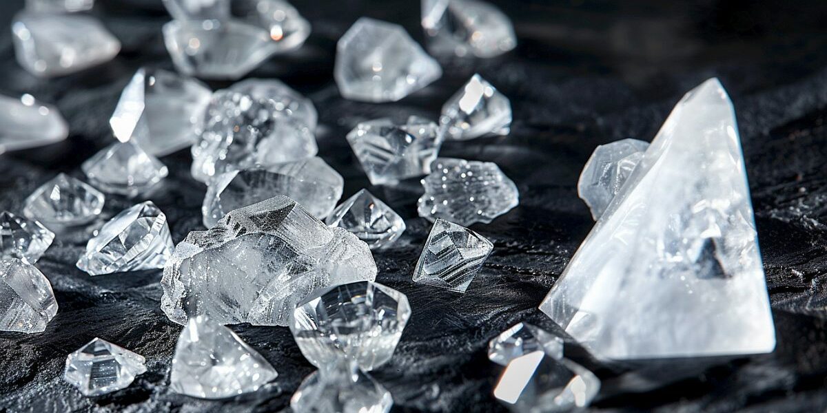 De Beers Group Is Ready For New G7 Diamond Import Regulations. Diamonds Arranged On A Black Rock Background.