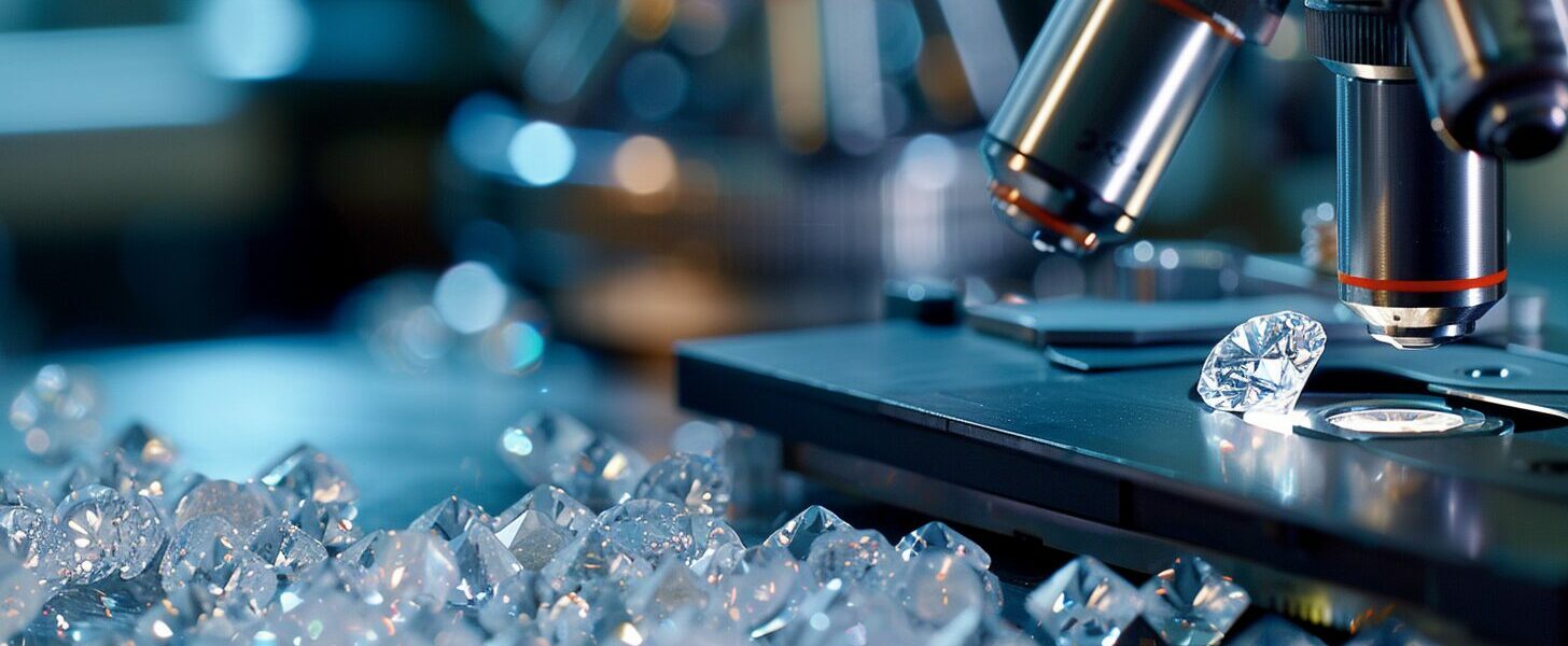 Grown Diamonds Magnified Under A Microscope, With Industrial Machinery And Scientific Equipment Blurred In The Background, Highlighting Their Use In Technology And Research.