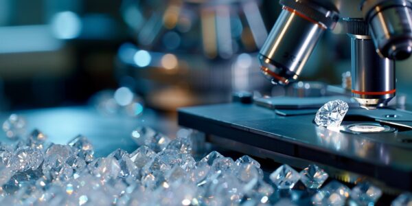 Grown Diamonds Magnified Under A Microscope, With Industrial Machinery And Scientific Equipment Blurred In The Background, Highlighting Their Use In Technology And Research.