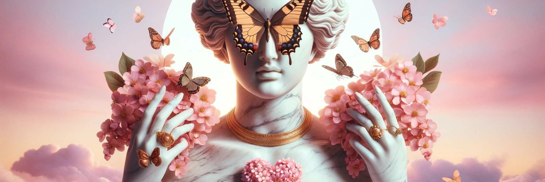 A Photo Of A Classical Marble Bust With Butterflies Covering Its Eyes, Symbolizing The 2024 Jewelry Trends. The Bust Is Adorned With A Gold Necklace And Is Framed By Two Delicate Hands Wearing Gold Rings, One Cradling A Heart-Shaped Cluster Of Pink Flowers.