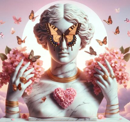 A Photo Of A Classical Marble Bust With Butterflies Covering Its Eyes, Symbolizing The 2024 Jewelry Trends. The Bust Is Adorned With A Gold Necklace And Is Framed By Two Delicate Hands Wearing Gold Rings, One Cradling A Heart-Shaped Cluster Of Pink Flowers.