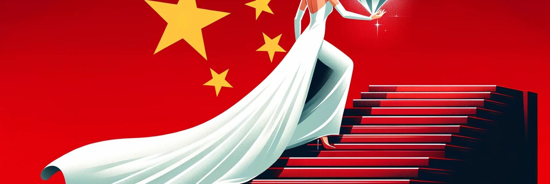 China'S Diamond Slump Conceptualized By An Image Of A Chinese Bride Climbing Upward To A Goal Of A Large Diamond. The Chinese Flag Serves As A Backdrop.