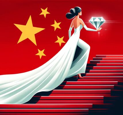 China'S Diamond Slump Conceptualized By An Image Of A Chinese Bride Climbing Upward To A Goal Of A Large Diamond. The Chinese Flag Serves As A Backdrop.