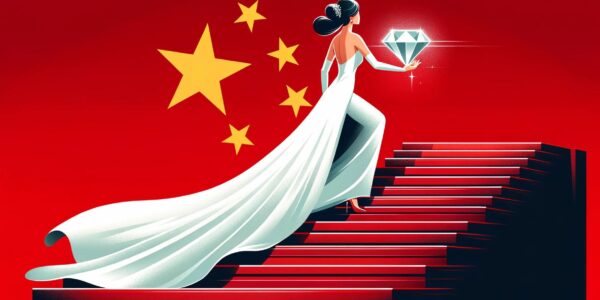 China'S Diamond Slump Conceptualized By An Image Of A Chinese Bride Climbing Upward To A Goal Of A Large Diamond. The Chinese Flag Serves As A Backdrop.